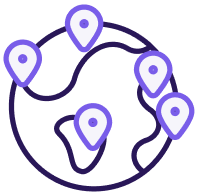 A simplified purple and white line illustration of a globe with five location pins placed at various points. The globe has minimal continental outlines, indicating global connectivity or worldwide locations.