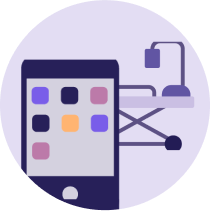 An illustration featuring a smartphone with app icons on the screen in the foreground. In the background, there is an ironing board with an iron. The scene is enclosed in a circular frame. The color palette consists of soft purples and neutrals.