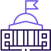 Outlined purple icon of a government building with a dome topped by a flag, and a rectangular facade.