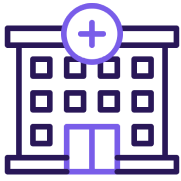 Icon depicting a hospital building in a simplistic, outline style. The building has a cross symbol above the entrance, indicating it is a medical facility. The structure features multiple windows and double doors at the entrance.