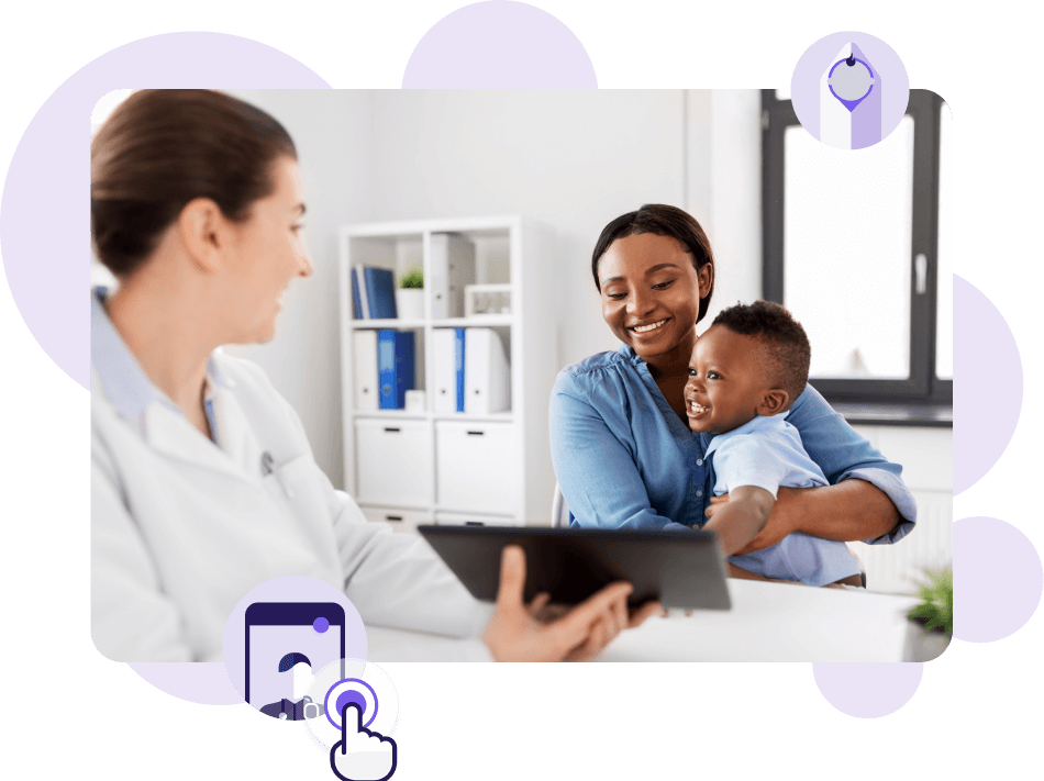 A doctor in a lab coat holds a tablet while talking to a smiling woman holding a happy child in an office with shelves in the background. Purple icons surround the image, including a finger tapping a screen and a medical symbol.