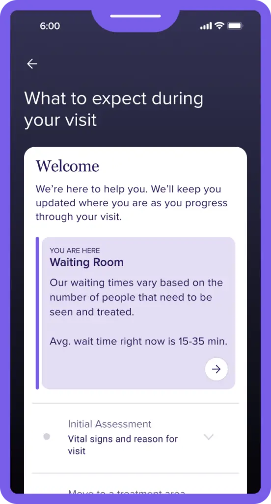 A hospital information screen shows a Welcome message explaining that they'll inform you about your progress. The screen shows the current location as Waiting Room with an average wait time of 15-35 minutes. A navigation button points to Initial Assessment.