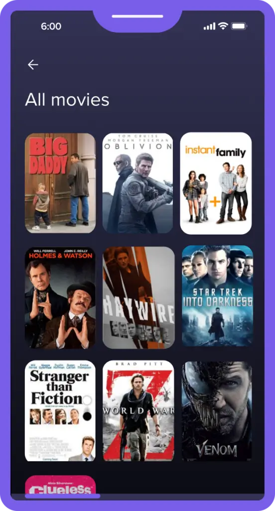 A smartphone screen displays a movie streaming app under the section All movies. The grid shows nine movie posters.