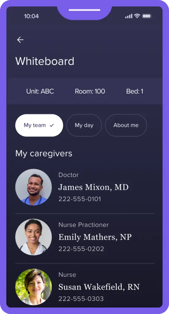 Mobile app screen showing a patient's whiteboard for Unit ABC, Room 100, Bed 1 with a my caregiver list