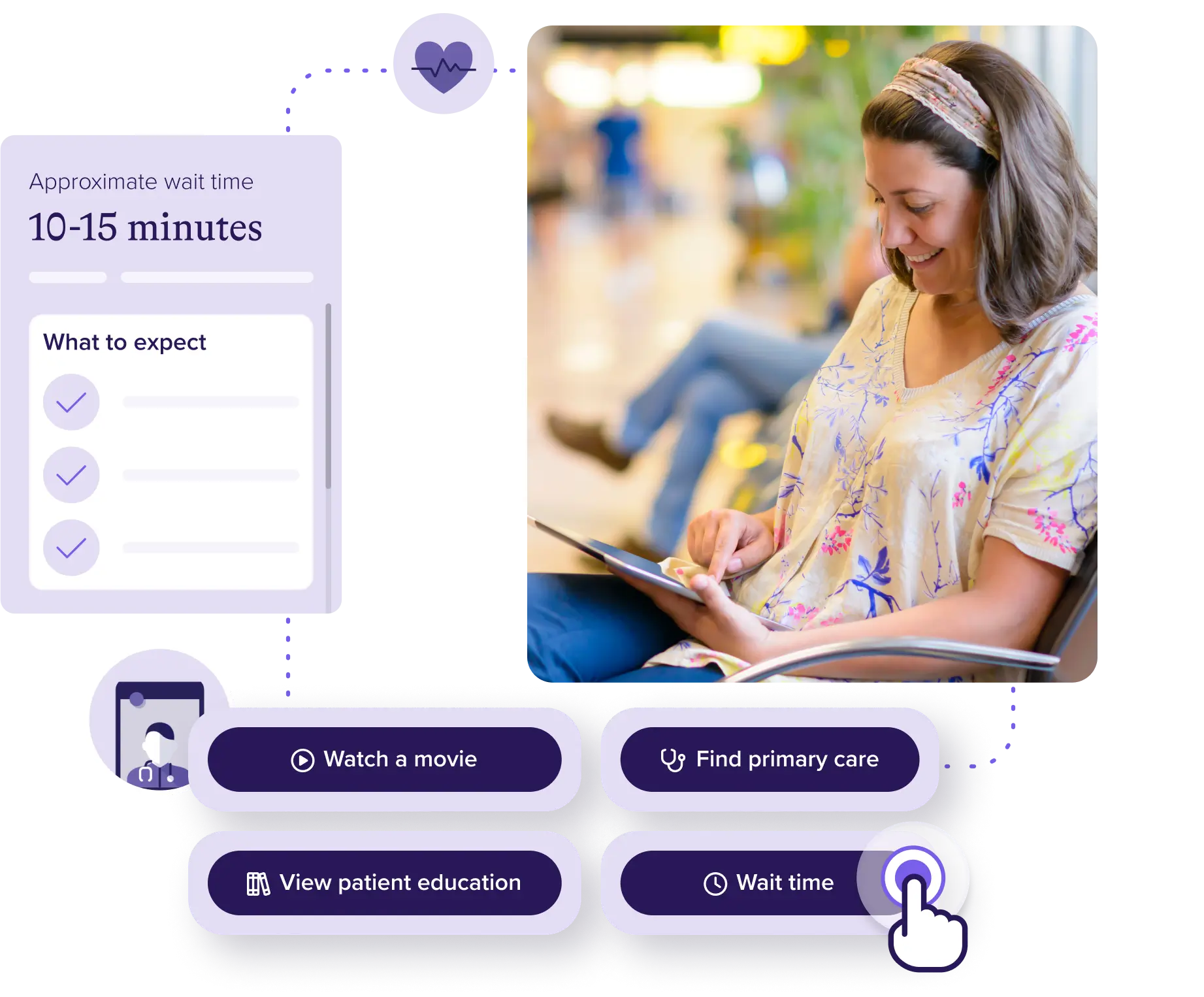 A woman seated and smiling while using a tablet. Nearby, icons and text indicate a 10-15 minute wait time with options like watching a movie, finding primary care, viewing patient education, and checking wait time on the device.