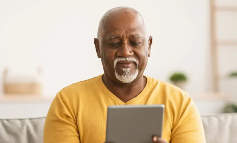 An elderly man with gray hair and a beard is smiling as he looks at a tablet. He is wearing a yellow sweater and is seated in a bright room with blurred background elements.