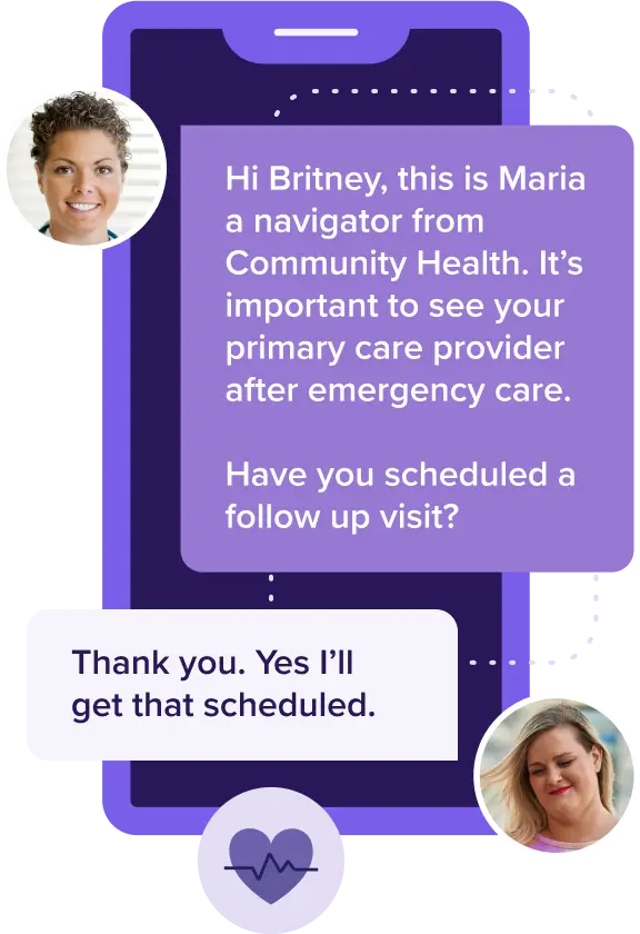 A phone screen showing a text conversation between Maria from Community Health and Britney. Maria advises Britney to see her primary care provider after emergency care. Britney responds, thanking Maria and confirming that she will schedule the follow-up visit.